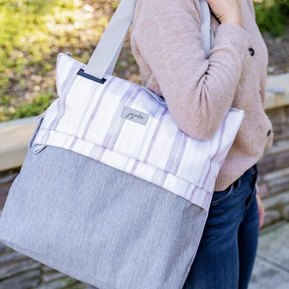 Ju-Ju-Be All Purpose Shoulder Tote Bag Striped Pink Glacier Gray Baby Travel Bag